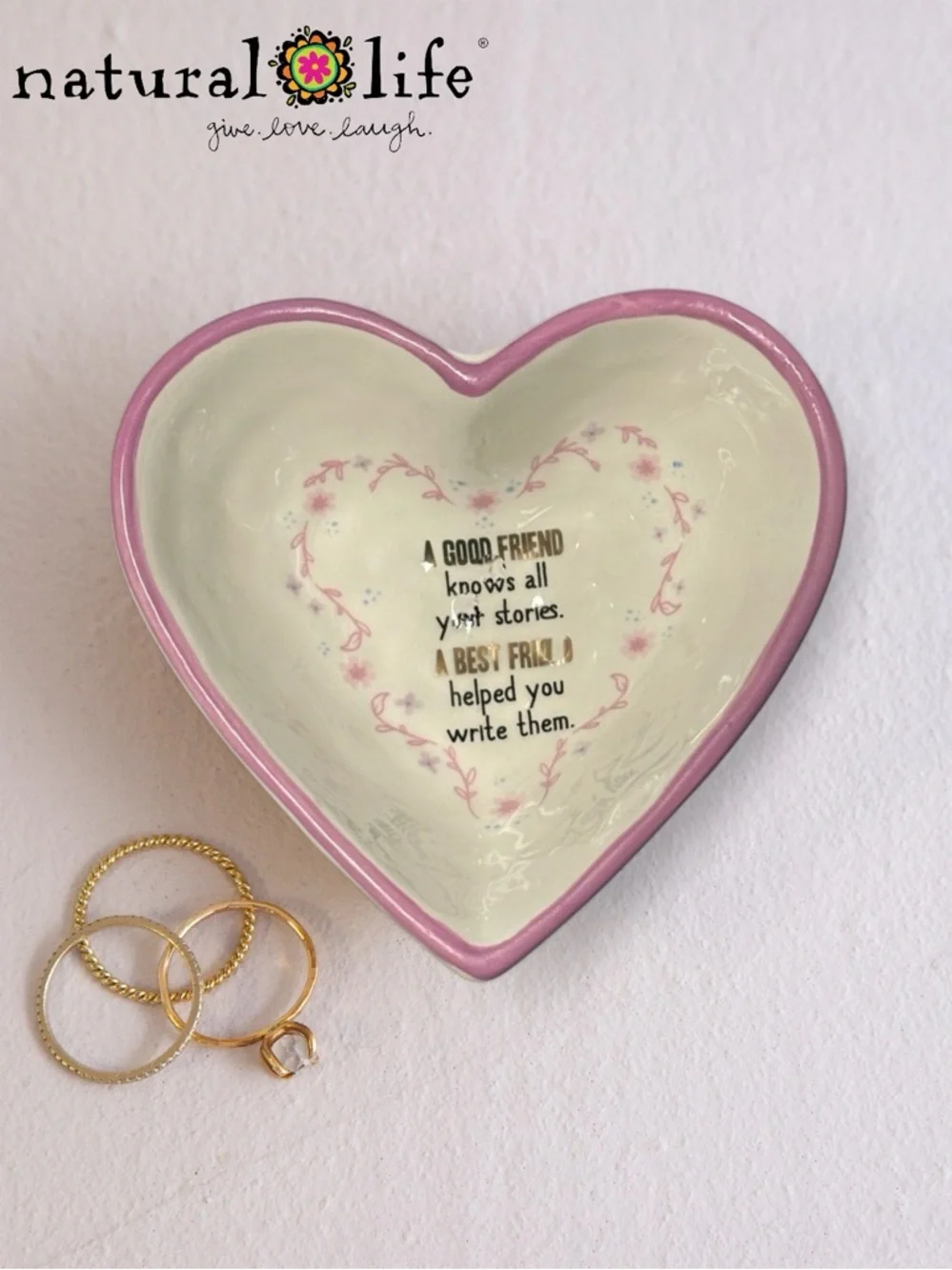 Francesca’s + Natural Life Pink Heart Ceramic Dish - Friendship Quote